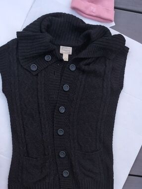 Women's Dark Gray Button-Front Cable Knit Cardigan w Fold-Over Collar Kenji Smal